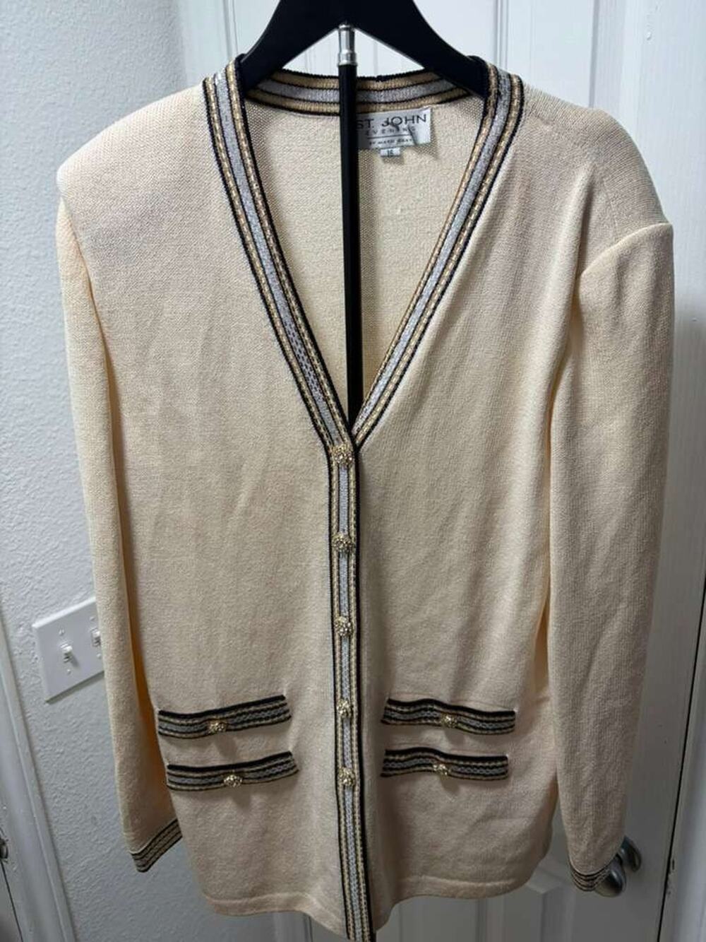 Vtg St John Evening Marie Gray Knit Cardigan Cream Gold Metallic Trim AS IS HOLE